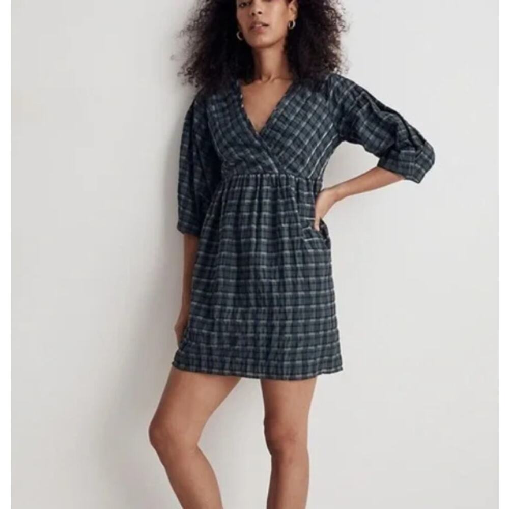 Madewell‎ Marianna Plaid Puff Sleeve Mini Dress Women’s S Green Raglan NEW